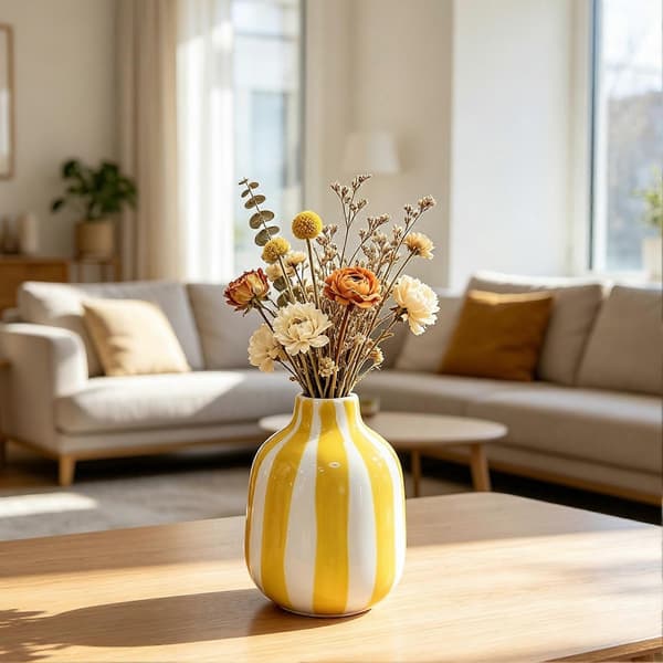 Håndmalet keramisk stribet vase – moderne nordisk til boho – til sidebord og køkken Pink