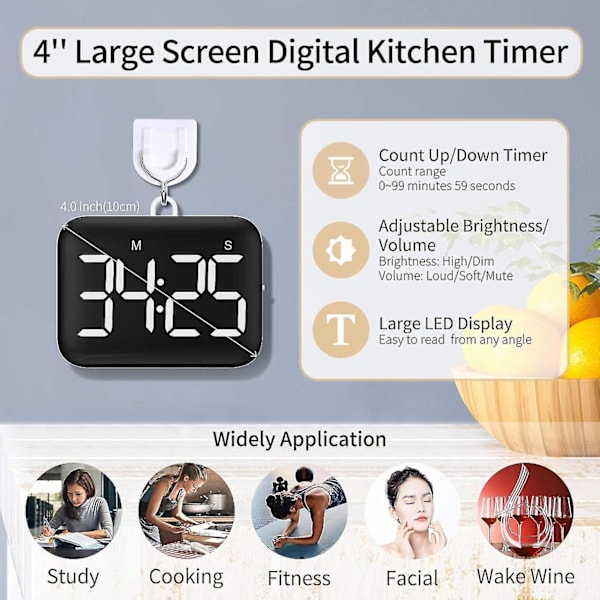 Digital kjøkkenur 4 tommers stor LED-skjerm magnetisk timer med justerbar lysstyrke og lyd stoppeklokke timer (hy)