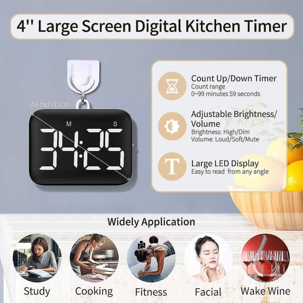 Digital køkkenur 4 tommer stort LED-display magnetisk timer med justerbar lysstyrke og lyd stopur timer (hy)