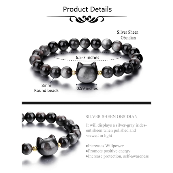 Krystall Kattearmbånd for Kvinner 8mm Krystallstein Perlearmbånd Beskyttelse Healing Krystaller Edelstener Stretch Armbånd Lykkearmbånd Smykker Katte silver