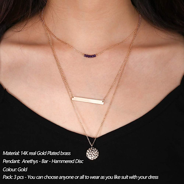 Fint lagdelt choker-kjede, håndlaget 14K gullbelagt Y-anheng kjede flerlags stangskive kjede justerbart lagdelt choker-kjede for kvinner 3PCS  Amethyst&Bar&Hammered Disc 3PCS  Chain&Bar&Hammered Disc