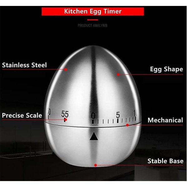 Kjøkkentimer, mekanisk rustfritt stål Alarm Eggtimer Kokt egg form Matlagingsverktøy Nedtellingstimer Husholdningskjøkkentilbehør Sliver(1stk, Silve)