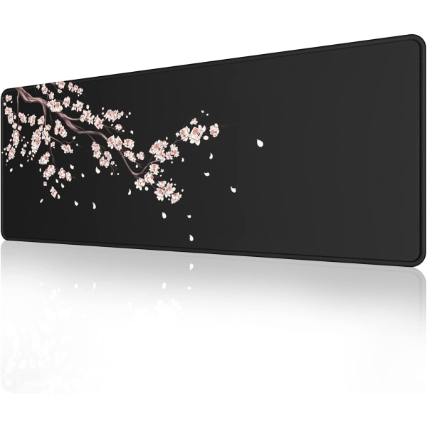 Svart japansk plommonblommor musmatta (31,5 × 11,8 × 0,12 tum) Utökad stor musmatta skrivbordsunderlägg, sydd kant musmatta, halkfri gummibas, Ga Plum Mouse Pad  1 Ink Drawing Mouse Pad  1