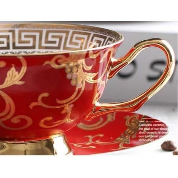 YBK Tech Euro Style Benporslinskopp & Fatbricka Set, Keramisk Te- & Kaffeekopp för Hem, Kök, Bröllop (Retro Blommönster - Röd) Retro Flower Pattern Red