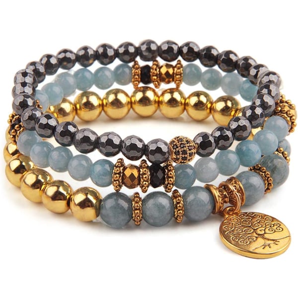 Livets Træ Turkis Jasper & Tibetansk Agat Edelsten Chakra Perle Armbånd | Strand Charm Armbånd Sæt - Ocean Smykkeru2026u2026 Aquamarine&Hematite Purple Mica