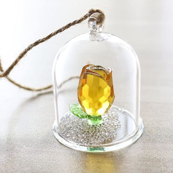 Krystal Rose Blomster Figurine Drømme Ornament I En Glaskuppel Gaver Til Dame (gul)