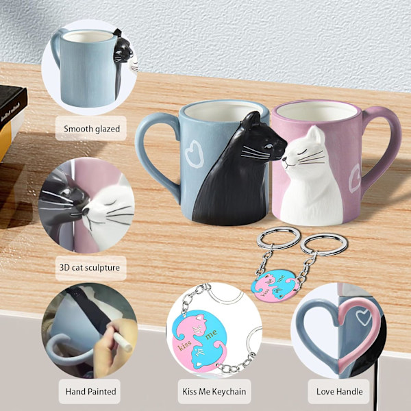 Present Cat Coffee Par Mugs Söta Roliga Te Koppar Set Bröllop Mugg för Bröllopsdekorationer Bröllopspresenter för Brud och Brudgum Kyss Matchande Present f Black,white,blue,pink.