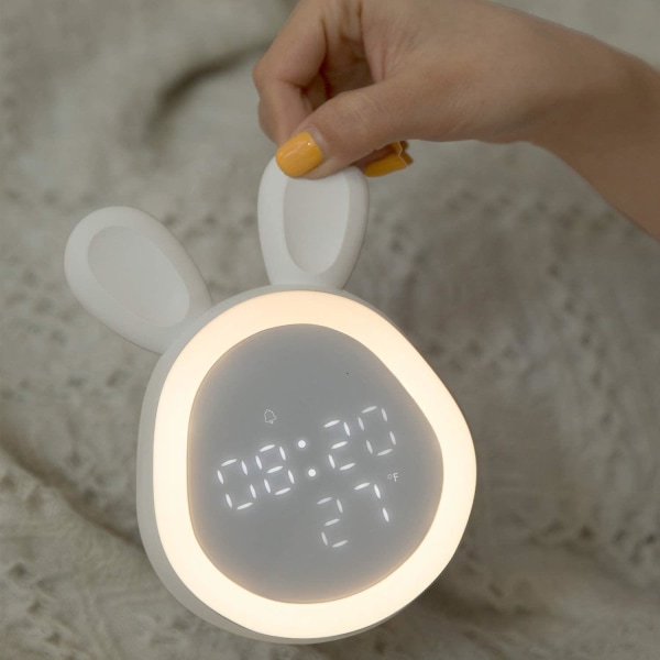 Vekkerklokker for soverom med slumre og nattlys, digital vekkerklokke med termometer, justerbar volum og lysstyrke, hvit, kaninformet