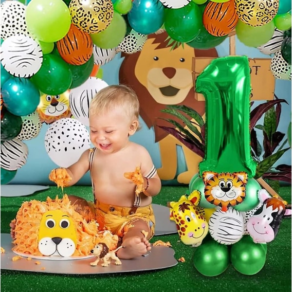 Jungle 1 år gammel dreng fødselsdagsfest dekorationer, 1 år gammel baby dreng fødselsdags fest dekorationer, 1 år gamle fødselsdag balloner dyr med latex Jung