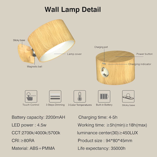 Vägglampa LED vägglampa med uppladdningsbart batteri, touchkontroll 3 ljusstyrkenivåer 3 färglägen Vägglampor 360° fri rotation Mordern