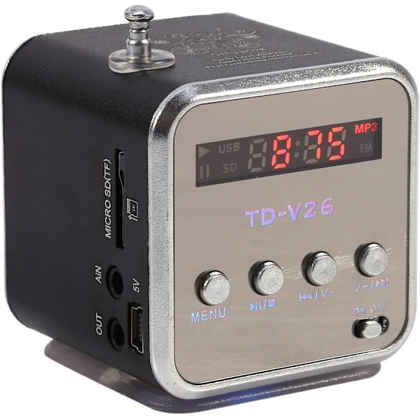 Radio, Radio Billig, Td V26, Pieni kannettava radio verkkovirralla ja akulla Mini-kaiutin Musiikkisoitin Kannettava Fm-radio Pc Muoti Tukee Tf-korttia ja U-levyä Black