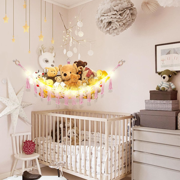 Eläinriipukko LED-valolla, leluverkko täytettyjen eläinten säilytykseen, lastenhuoneen sisustukseen, täytettyjen eläinten riippumatonurkkaus, vaaleanpunainen Pink Large(Package of 1)