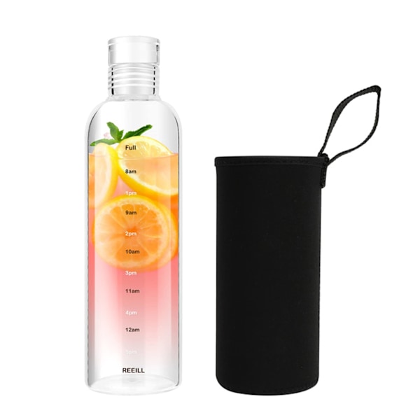 500 ml:n vesipullo aikamerkinnällä ja liukuestokannella, uudelleenkäytettävä kirkas lasinen juomavesipullo toimistoon, kuntosalille, ulkoiluun