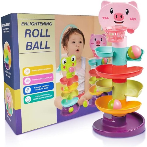 Baby Toy 9-18 måneder, Ball Drop and Roll Ramp Toy for 1 år gamle gutter og jenter, Sensory Toy for Babies 12 måneder, Baby Ball Tower Roll ball Game, 1. B