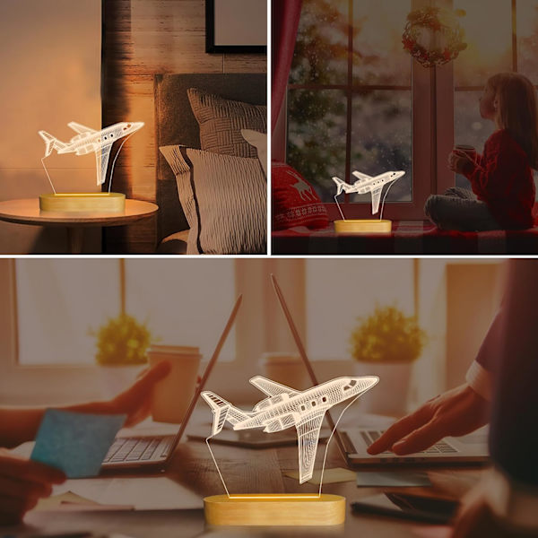 Natlys 3D Illusion Lampe, Blødt Varm Farve Træbordlampe til Drenge Pilot Gaver med USB-strøm
