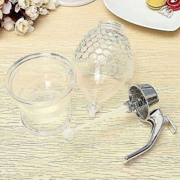 Honungsdispenser med förvaringsställ, sirapsdispenser burk behållare kopp, akryl honungsdispenser klämflaska, bärbar juice bi förvaringskruka dropp(1st