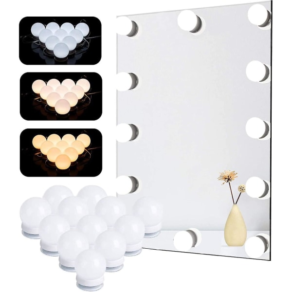 Spejllys, 12 pærer Hollywood LED-lyssæt Dæmpbar kosmetisk spejllampe til badeværelse 3 farver 10 lysstyrkeniveauer med adapter (spejl medfølger ikke
