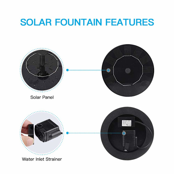 Solcellsfontänpump för fågelbad, Mini flytande solfontän med 4 munstycken, 1W, flytande fontän för dammar, trädgård, fiskdamm, utomhus och akvarium, N Balck