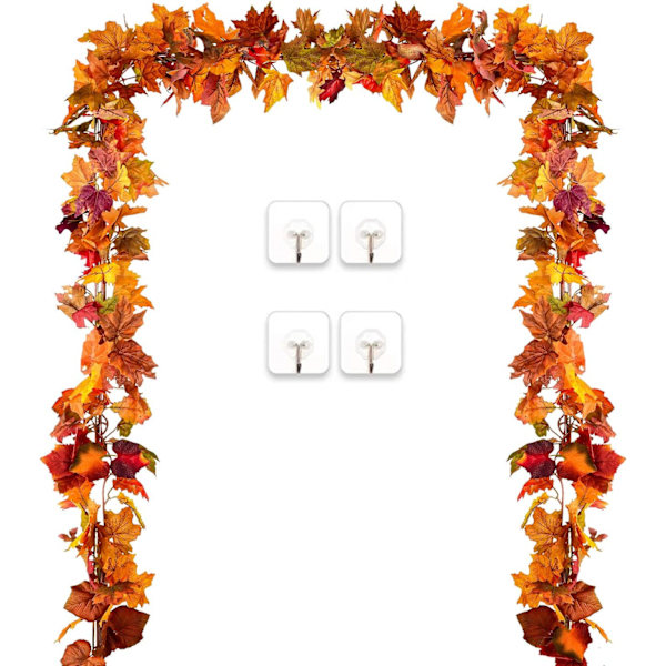 2 Pakke Efterårsguirlande Ahornblad, 5,9Ft/Stk Hængende Vingguirlande Kunstig Efterårsløv Guirlande Thanksgiving Dekoration til Hjem Bryllup Pejs Orange