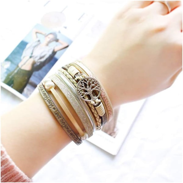 Leopardarmbånd for kvinner, Boho skinnomslag flerlags perle krystallarmbånd armbånd smykker A9Tree of Life(Beige) A7Feather