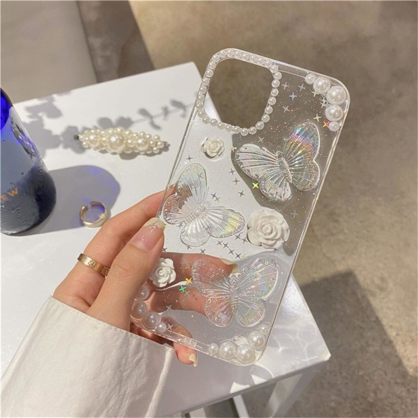 Yhteensopiva iPhone 11 -kuoren kanssa 3D-perhonen Kukka Kirkas muotoilulla Esteettinen Naiset Teini-ikäiset Tytöt Glitter Kaunis Kristalli Kimmeltävä Söpö Girly Puhelimen Kotelot