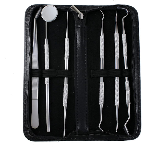 Komplett profesjonelt tannpleiesett med plakkfjerner og tannsteinsskrape, rustfritt stål munnpleieverktøy for tannrengjøring og tannhygiene 6pcs&leather Case