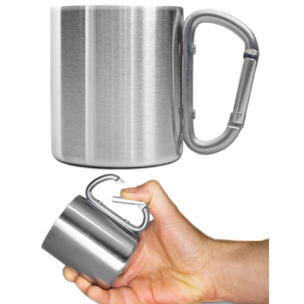 Camping krus, udendørs krus, metal krus, 200 ml, med skruekarabinhage, rustfrit stål, vandreture, trekking, arbejde, sølv