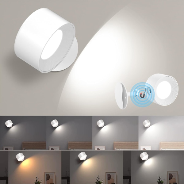 Vägglampa LED-lampa Uppladdningsbart batteri Vägglampor Dimbar med 3 färglägen 4 ljusstyrka 360° roterbar Touch Control Vägglampor för sovrum White