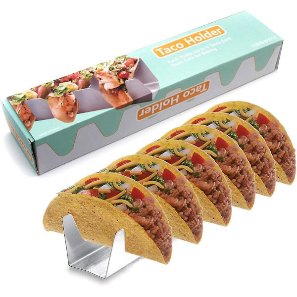 Taco-holder, rustfritt stål taco-holder stativ brett for ovn myke eller harde taco kjøtt eller tortilla stativ, taco lastebil brett stil stativ, holder opptil 6 taco E
