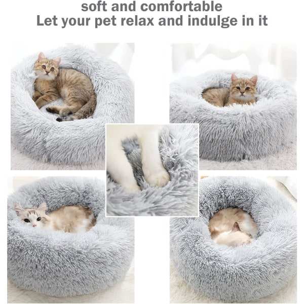 Berigende hundekat donut seng - 15,75 tommer fluffy plys hund hvalp killinger kæle runde seng, varm og blød kæledyr hyggelig anti-angst senge med skridsikker bund a Light Grey 40.00 x 40.00 x 13.00 cm (L x W x H)