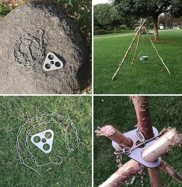 Camping Tripod Grilludstyr, Bærbart Camping Tripod Grillbræt i Rustfrit Stål