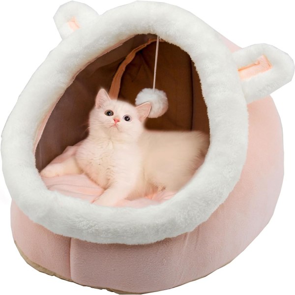 Kattesenger for innendørs med anti-skli bunn, kaninformet liten hundehule med hengende leke, kattunge telthus avtagbar bomullspute, supermyk kal