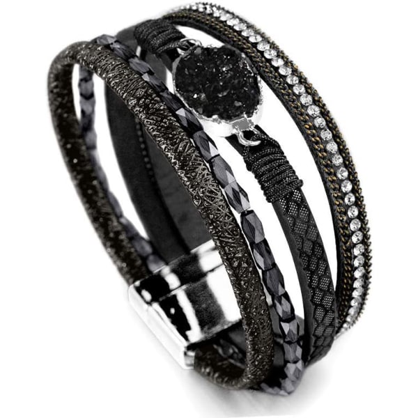 Leopard Armbånd til Kvinder, Boho Læder Wrap Multi-Layer Perle Krystal Armbånd Smykker B21Black Stone(Short) A7Feather