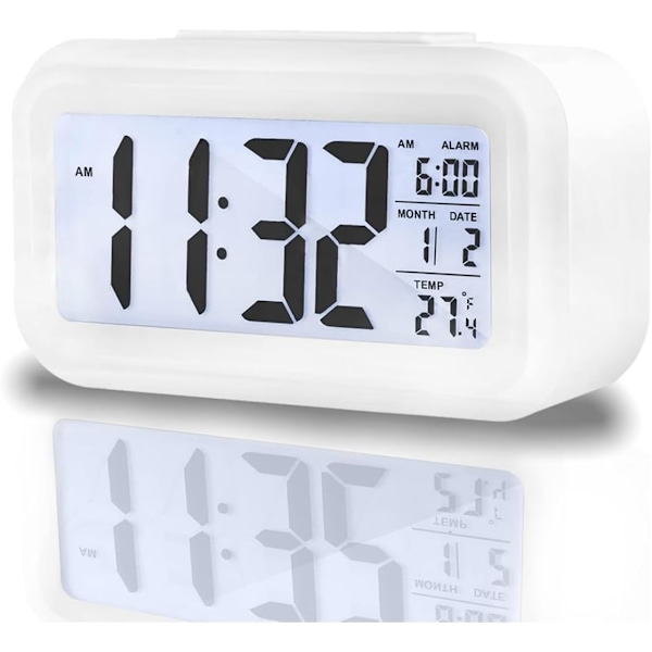 Uppgraderad digital väckarklocka, 4,3 tum LED-display med temperatur, större ljudstyrka, ljusstyrkekontroll, bärbar snooze, kalender, batteridriven White