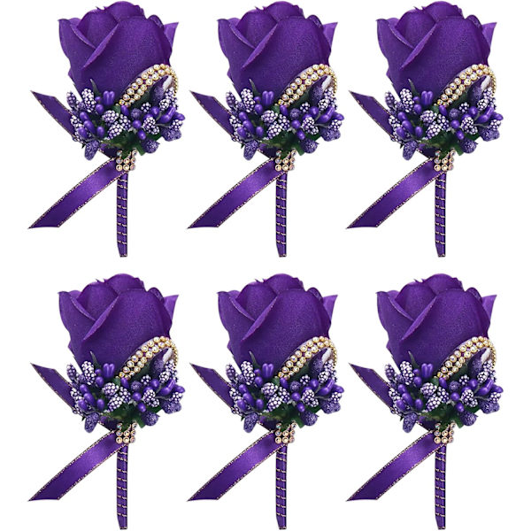 Lila bröllopsros Boutonniere med stift för män Bröllop Groomsmen Best Man, Brudgum Boutonnieres för bröllopsfest Prom Jubileum (Boutonniere-Pur Boutonnierepurple 6Packs