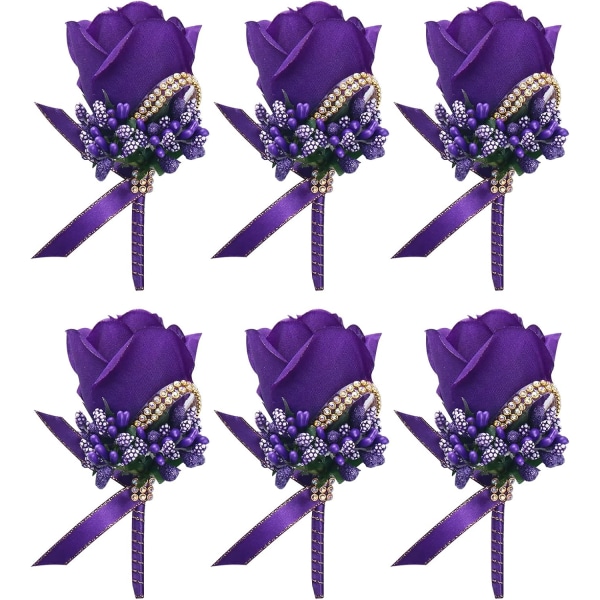 Lilla bryllupsrose knapphullsblomst med nåler for menn, bryllupsgjester, forlover, brudgom knapphullsblomster for bryllupsfest, ball, jubileum (Boutonniere-Pur Boutonnierepurple 6Packs