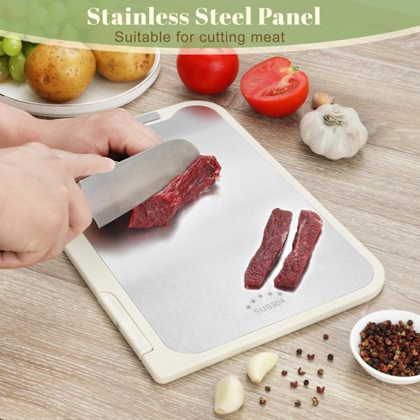 Dubbelsidig skärbräda, 304 Rostfritt Stål Skärbräda, PP Plast Skärbräda för Kök, Halksäker Skärbräda med Saftfåror, D Chopping Board Double Sided