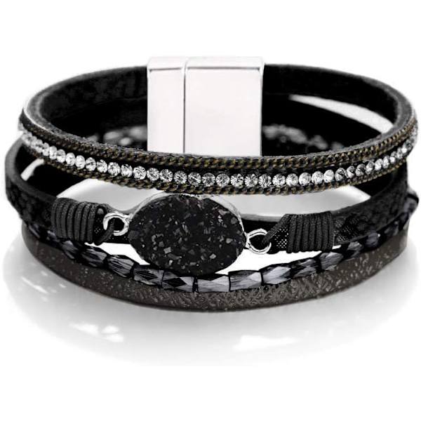 Leopard Armband för Kvinnor, Boho Läder Wrap Multi-Layer Pärla Kristall Armband Smycken B21Black Stone(Short) A7Feather