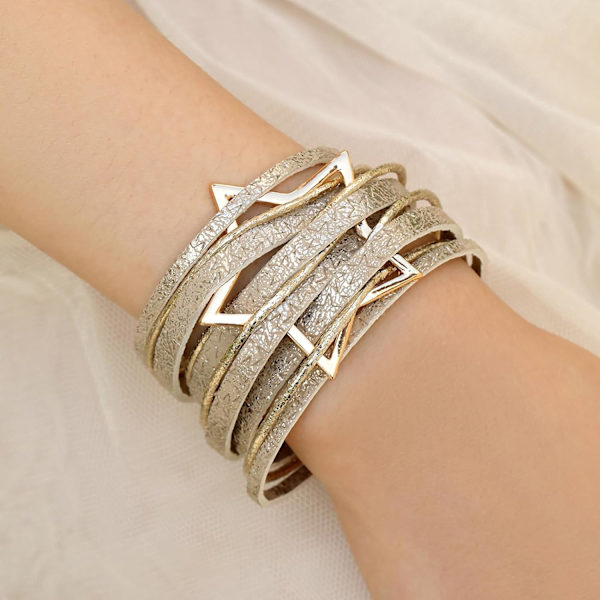 Leopardarmband för kvinnor, Boho läderomslag flerskikts pärla kristallarmband armband smycken B45:Star Leather(Gold) A7Feather