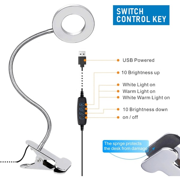 USB LED skrivebordslampe med klips, leselys med 3 lysmoduser og 10 justerbare lysstyrker, øyevennlig boklys, nattlampe med fleksibel hals, justerbar P Silver