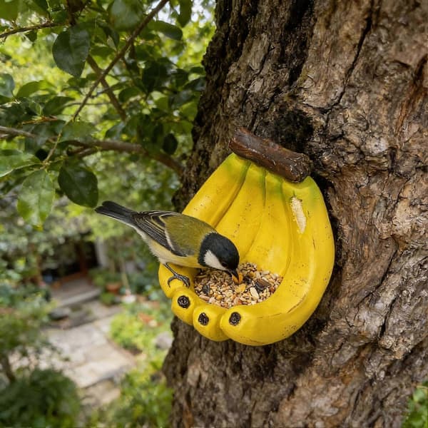 Bananformet fuglefoderbræt – Ophængt harpikspynt – til have og terrasse
