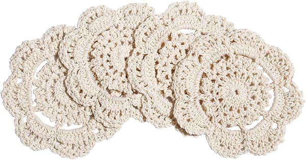 Runde hæklede blondebrikker, håndlavede, 10 cm, 4-pak (råhvid) Off-white