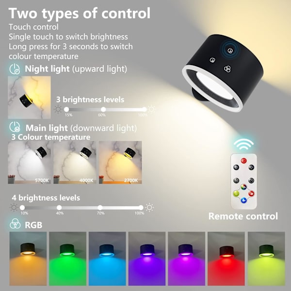 Vegglampe innendørs, vegglampe med fjernkontroll dimbar RGB-omgivelsesbelysning med oppladbart batteri, 1-timers timerfunksjon berøringskontroll 360°