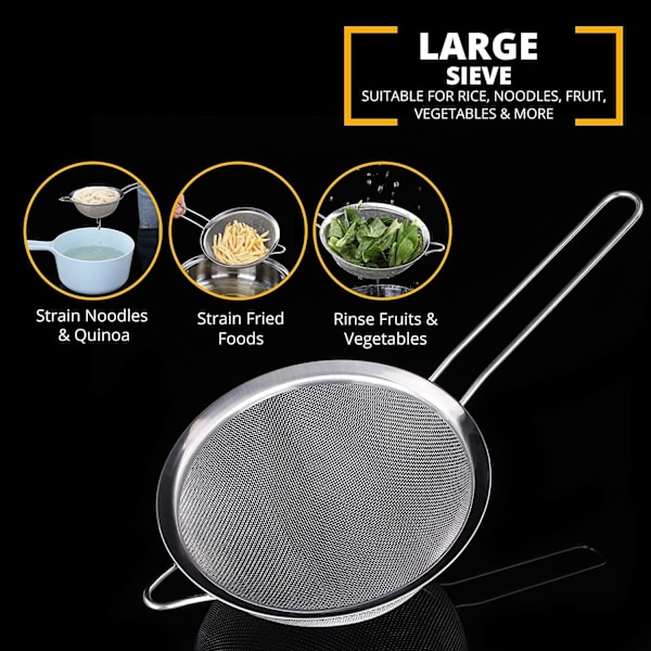 Sil og silsett - Metall sil i rustfritt stål, finmasket sil | Pakke med 3 kjøkkennett, sil til matlaging, mel til baking Rustfri sil, Silver Pack of 3