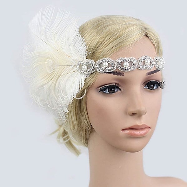 Flapper Gatsby pannband 1920-tals huvudbonad retro stil brummande 20-tals accessoarer för kostym bal bröllopsfest White Feather