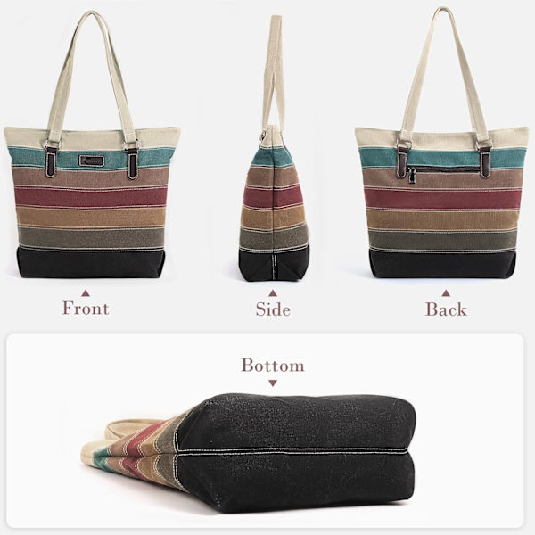 Taske, Dame Tote Taske, Stribet Canvas Håndtaske til Arbejde, Skole, Rejser, Shopping Multicolour