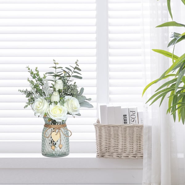 Falska blommor, konstgjorda sidenrosor i vas, konstgjord blomsterarrangemang imitation rosor, utan vas (vit) White