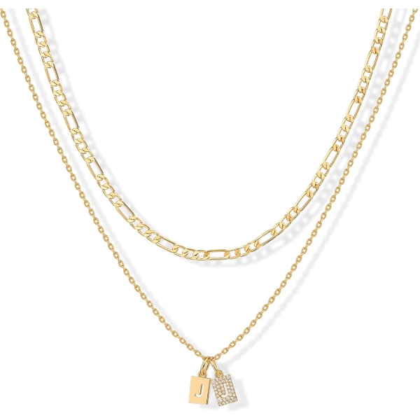 14K Guldpläterat Halsband med Initialer - Dubbla Hundmärken | Halsband med Kedja i Rund Box med Cubic Zirconia-bokstäver för Kvinnor Yellow Gold