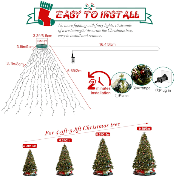 Joulukuusivalot, 2m*16 riviä 400 LED-valoa verkkovirralla, 8 valotilaa, vedenkestävä, sopii 1,5-3m joulukuusille - Lämmin valkoinen