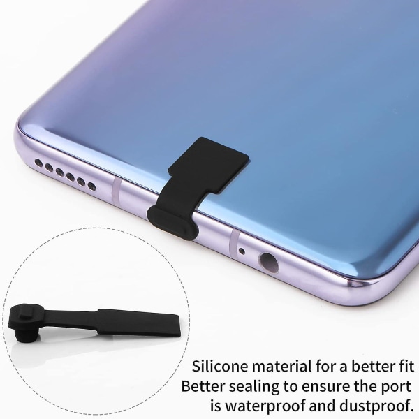 Sorte 3-pakningsstøvplugger for USB C Type C-port, Silikonstøvplugger for Type C-telefon, Støvplugger med avtagbart lim